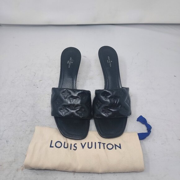 LOUIS VUITTON Monogram Black Embossed Revival Heel Sandal - Picture 6 of 11